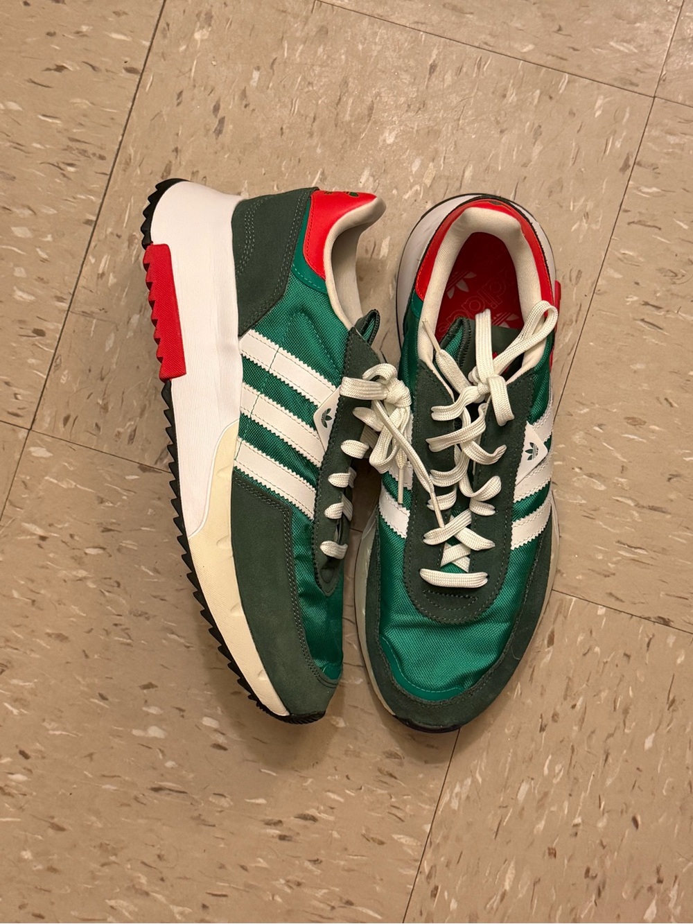adidas Green and Red Retro Running Sneakers with White Stripes